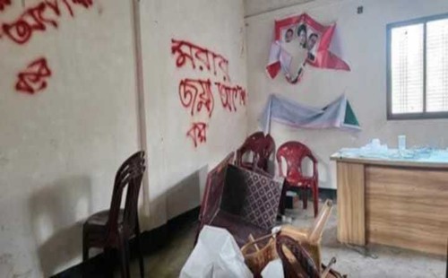 বিএনপি কার্যালয়ে আগুন, দেয়ালে লেখা ‘মরার জন্য অপেক্ষা কর’ 