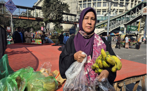 বিক্ষোভকারীদের জন্য কলা-পাউরুটি নিয়ে শাহবাগে গৃহিণী রাশিদা 